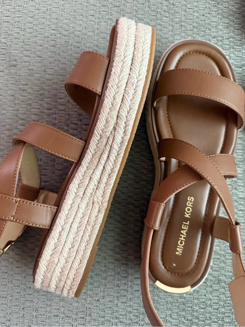 MICHAEL KORS Cognac Leather Wedge Sandals with Gold Buckle